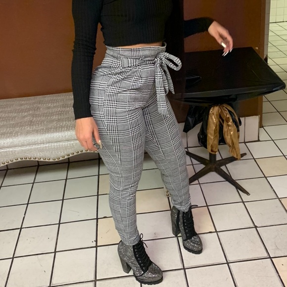 Windsor Pants - paperbag waist plaid skinny pants
